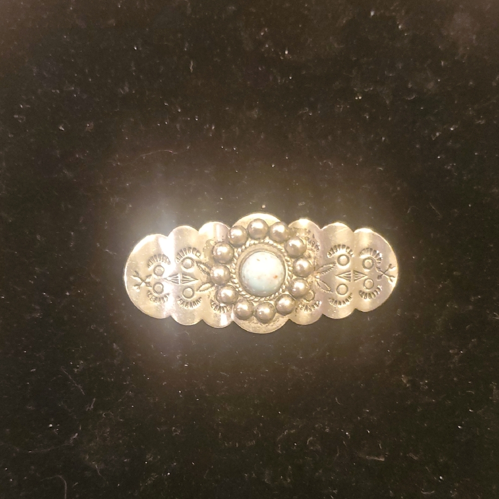 Vintage Fred Harvey Era Silver Tone With Blue Hubble Glass Brooch